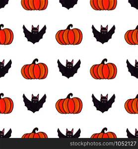 Halloween seamless pattern with bat and pumpkin, hand drawn doodle style. Autumn vector illustration.. Halloween seamless pattern with bat and pumpkin