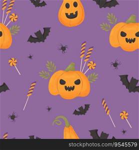 Halloween Seamless pattern with bats, pumpkin jack o lantern and candies on purple background. Vector illustration for festive design, packaging, wallpaper, textile