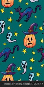 Halloween seamless pattern with black cats, stars, pumpkins, witches hats, ghosts.
