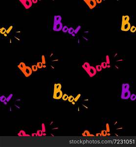 Halloween seamless pattern with colorful boo text. Happy Halloween, trick or treat concept. Illustration isolated on black background.