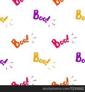 Halloween seamless pattern with colorful boo text. Happy Halloween, trick or treat concept. Illustration isolated on white background.