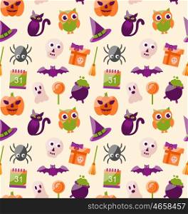 Halloween Seamless Pattern with Colorful Flat Icons. Illustration Halloween Seamless Pattern with Colorful Flat Icons. Abstract Holiday Wallpaper - Vector