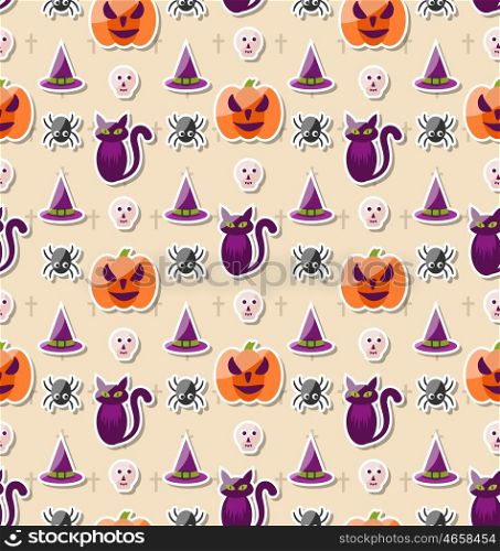 Halloween Seamless Pattern with Colorful Traditional Icons. Illustration Halloween Seamless Pattern with Colorful Traditional Icons - Vector
