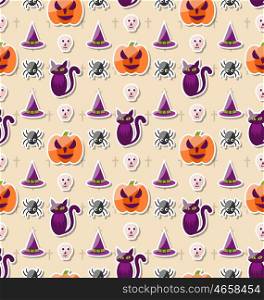 Halloween Seamless Pattern with Colorful Traditional Icons. Illustration Halloween Seamless Pattern with Colorful Traditional Icons - Vector