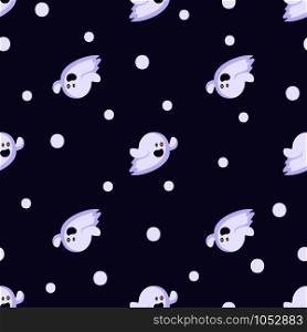 Halloween seamless pattern with ghosts emoji on dark blue background, funny and scary characters with facial expressions, traditional holiday magic creature, flat vector texture. Halloween cute symbols