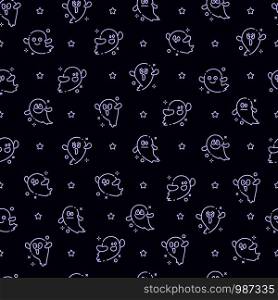 Halloween seamless pattern with outline ghosts emoji, stars on dark blue background, funny and scary creepy characters with various facial expressions, traditional holiday magi? creature, vector texture . Halloween cute symbols