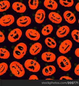 Halloween seamless pattern with pumpkins emoji, funny and scary creepy characters with various facial expressions, traditional holiday symbols, flat style, vector texture for textile, wrapping paper. Halloween cute symbols