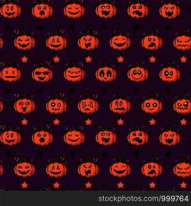Halloween seamless pattern with pumpkins emoji, stars, funny and scary creepy characters with various facial expressions, traditional holiday symbols, flat style, vector texture . Halloween cute symbols