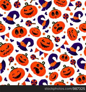 Halloween seamless pattern with pumpkins emoji, witches hat, candy, flags, funny and scary creepy characters with various facial expressions, traditional holiday symbols, flat style, vector texture . Halloween cute symbols