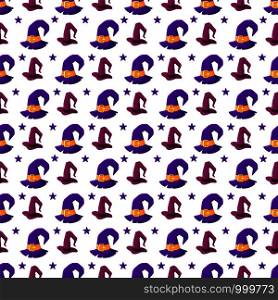 Halloween seamless pattern with violet witches hat, funny and creepy objects, wizard headgears - traditional holiday symbol, flat style, vector endless texture or background for print, textile, wrapping paper. Halloween cute symbols