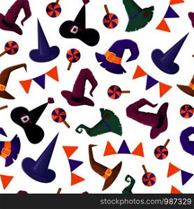 Halloween seamless pattern with witches hat, candy, flags, funny and creepy characters, wizard headgears - traditional holiday symbols, flat style, vector texture or background for print, textile. Halloween cute symbols