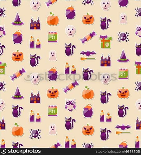 Halloween Seamless Texture with Colorful Flat Icons. Illustration Halloween Seamless Texture with Colorful Flat Icons. Abstract Template for Wrapping - Vector