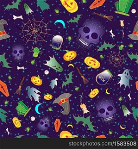 Halloween seamless with traditional symbols icons. Hand-drawn doodle elements. Vector. . Merry Halloween seamless with traditional symbols icons. Vector.