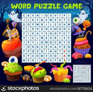 Halloween search puzzle game worksheet. Sweets, desserts and cakes. Word search puzzle, children vocabulary vector riddle with halloween scary pastry cupcakes, chocolate apple and lollypop candy. Halloween sweets wordsearch puzzle game worksheet