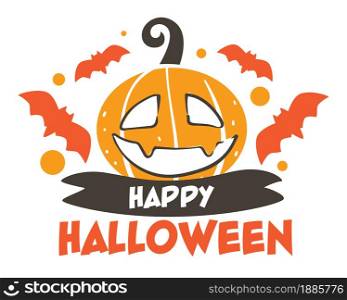 Halloween seasonal holiday celebration in usa, banner with flying bats and carved pumpkin face. Ribbon and greeting text, card or flyer with jack o lantern. Decorative sticker vector in flat. Happy halloween autumn holiday celebration, carved pumpkin and bats