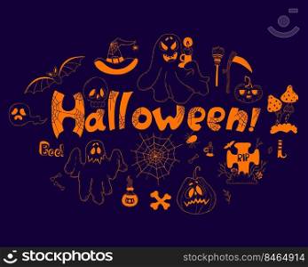 Halloween set doodle. Jack pumpkin, ghost, web, grave, skull, broom and scythe, witch hat, potion and magic fly agaric. Isolated Vector linear hand drawn for decor, design and decoration