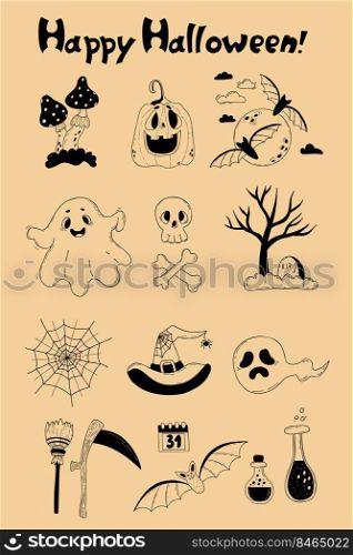 Halloween set. Jack pumpkin, ghost, bat and web, grave, skull, meter and scythe, potion, and magical fly agaric. Vector linear hand drawn doodle. Isolated elements for decor, design and decoration