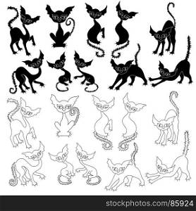 Halloween set of ten amusing cat silhouettes and with ten their respective contours, vector illustrations isolated on the white background