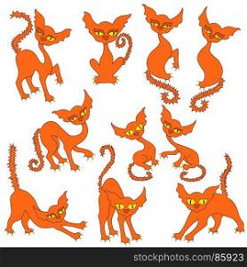 Halloween set of ten amusing orange cats with yellow eyes and with prickly tails, vector illustrations isolated on the white background