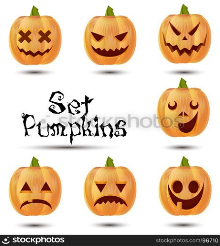 Halloween set pumpkins emotions icon design cute smile orange funny isolated. Carving expression holiday jack symbol character celebration glow, dark, season illustration fear, lantern angry web face