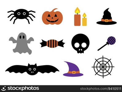 Halloween set, vector. Halloween pumpkin, spider and bat, skull and candles, witch hats, sweets, ghost and cobwebs.