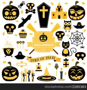 Halloween Set. Vector Illustration. Pumpkin, Skull, Ghost, Candy, Cat and Other Traditional Elements of Halloween. Icons Isolated on White Background.