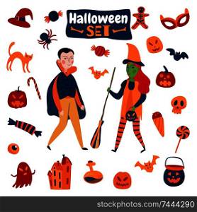 Halloween set with isolated cartoon style images of mysterious characters and holiday accessories on blank background vector illustration. Halloween Accessories Flat Set
