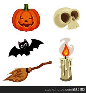 Halloween set with pumpkin lantern, skull, candle, bat and a broom. Vector illustration