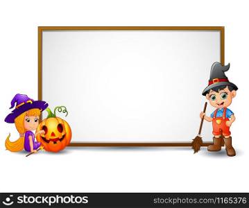 Halloween sign with witch, boy, and pumpkin