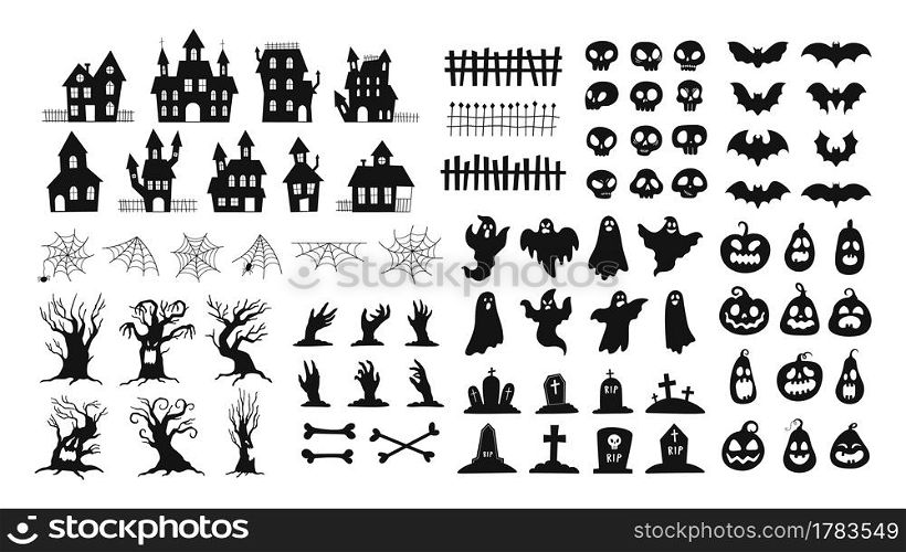 Halloween silhouettes. Spooky decorations zombie hands, scary tree, ghosts, haunted house, pumpkin faces and graveyard tombstones vector set. Illustration halloween bat, scary and spooky. Halloween silhouettes. Spooky decorations zombie hands, scary tree, ghosts, haunted house, pumpkin faces and graveyard tombstones vector set
