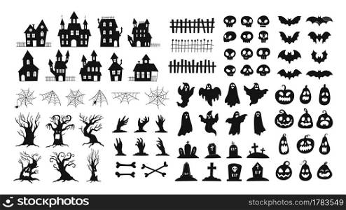 Halloween silhouettes. Spooky decorations zombie hands, scary tree, ghosts, haunted house, pumpkin faces and graveyard tombstones vector set. Illustration halloween bat, scary and spooky. Halloween silhouettes. Spooky decorations zombie hands, scary tree, ghosts, haunted house, pumpkin faces and graveyard tombstones vector set