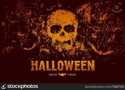 Halloween skull and bat on rough surface orange and black background, Eps 10 vector illustration