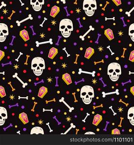 Halloween skull seamless pattern on black background. halloween skull pattern background. vector illustration