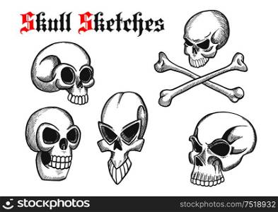Halloween skulls sketch isolated icons. Artistic abstract shapes of cranium and crossbones for cartoon, label, tattoo, t-shirt print poster, decoration. Skull artistic pencil sketch icons