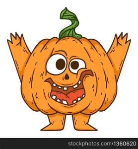 Halloween smiling pumpkin with hands and legs. Pumpkin with witch hat. Pumpkinhead jack. Vector illustration isolated on white background. Black and white vector illustration for coloring book.
