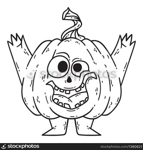 Halloween smiling pumpkin with hands and legs. Pumpkinhead jack. Vector illustration isolated on white background. Use for printing, posters, t-shirt design, postcards. Illustration for coloring book.