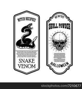 Halloween snake poison. Skull powder. Bottle label template. Design element for poster, card, banner, sign. Vector illustration