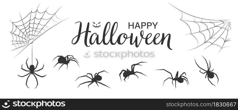 Halloween spider&rsquo;s and web set icons. Vector holiday october poster, flat illustration
