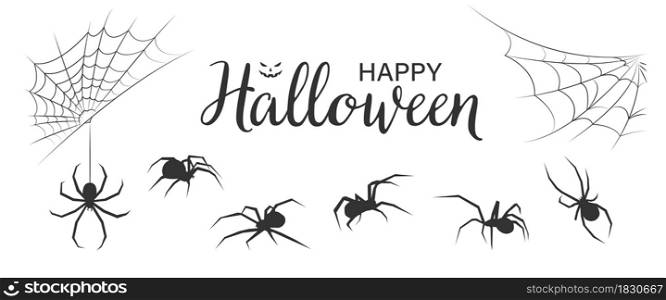 Halloween spider&rsquo;s and web set icons. Vector holiday october poster, flat illustration
