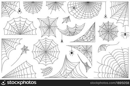 Halloween spider web, black cobweb frames, borders and corners. Scary spiderweb with spiders, decorative cobwebs silhouette vector set. Autumn holiday decoration elements isolated on white. Halloween spider web, black cobweb frames, borders and corners. Scary spiderweb with spiders, decorative cobwebs silhouette vector set
