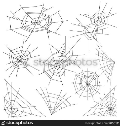 Halloween Spider Web Set Vector. Black Spider Web Isolated On White. Monochrome Hector Venom Cobweb For Halloween Design. Halloween Spider Web Set Vector. Isolated. For Halloween Design