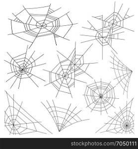 Halloween Spider Web Set Vector. Black Spider Web Isolated On White. Monochrome Hector Venom Cobweb For Halloween Design. Halloween Spider Web Set Vector. Isolated. For Halloween Design