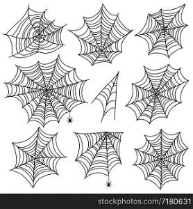 Halloween spiderweb. Black cobweb and spider silhouettes. Scary web vector graphics isolated on white background. Spiderweb silhouette, cobweb halloween illustration. Halloween spiderweb. Black cobweb and spider silhouettes. Scary web vector graphics isolated on white background