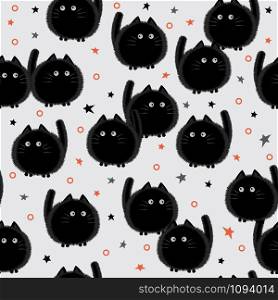 Halloween spooky cats seamless pattern on gray background. Funny fat cat halloween pattern background. Halloween theme design vector illustration