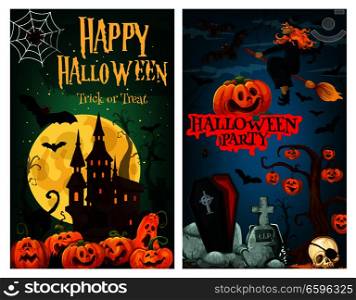 Halloween spooky ghost house and cemetery greeting banner. Horror castle and graveyard for night party invitation design with pumpkin lantern, witch and bat, spider net, skeleton skull and full moon. Halloween spooky ghost house and cemetery banner