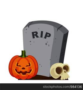 Halloween spooky gravestone with pumpkin lantern and a skull. Vector illustration