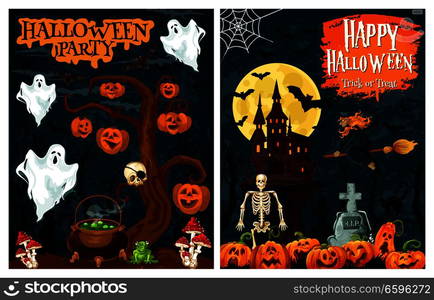 Halloween spooky house with october holiday pumpkin for horror night party banner. Flying ghost, bat and witch, creepy castle, lantern and skeleton, spider net and skull for invitation card design. Halloween party banner of ghost house and pumpkin