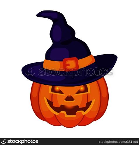 Halloween spooky pumpkin lantern in the purple witch hat. Vector illustration