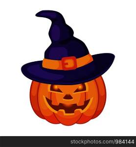 Halloween spooky pumpkin lantern in the purple witch hat. Vector illustration