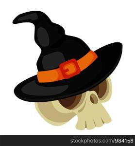 Halloween spooky skull in the black witch hat. Vector illustration